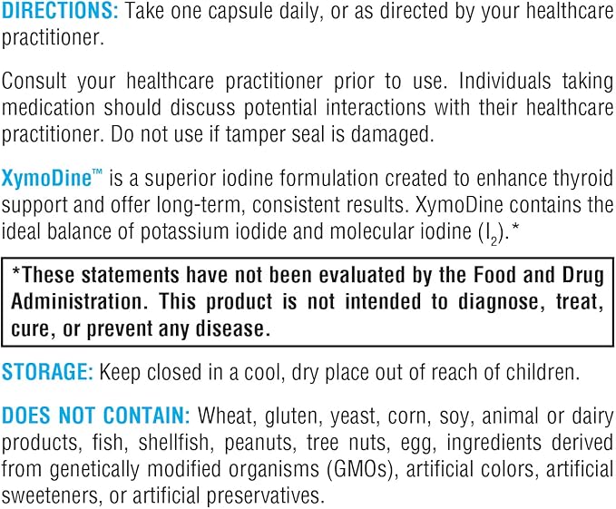XYMOGEN XymoDine Iodine Supplement - High Potency Iodine 12.5 g to Support Healthy Synthesis of Thyroid Hormones - Potassium Iodide with Molecular Iodine (90 Vegetarian Capsules)