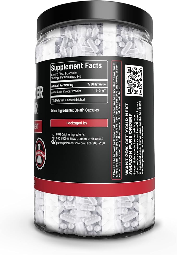 PURE ORIGINAL INGREDIENTS Psyllium Husk, Ceylon Cinnamon, & Apple Cider Vinegar Bundle, 730 Capsules Each, Lab Verified