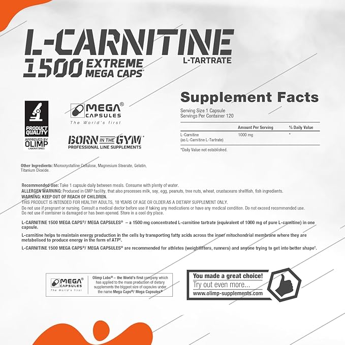 L-Carnitine 1500 Extreme Mega Caps - 120 Capsules, Reduction Booster, Best l carnitine in Tartrate Form, Supplement That Improves Performance