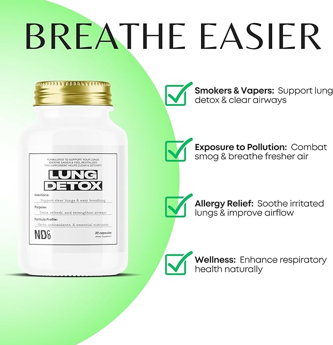Powerful Lung Detox & Cleanse - Mullein, Chlorophyll, Zinc | Respiratory Support with Glutathione for Smokers & Vapors | Easy Breathing by NDCO