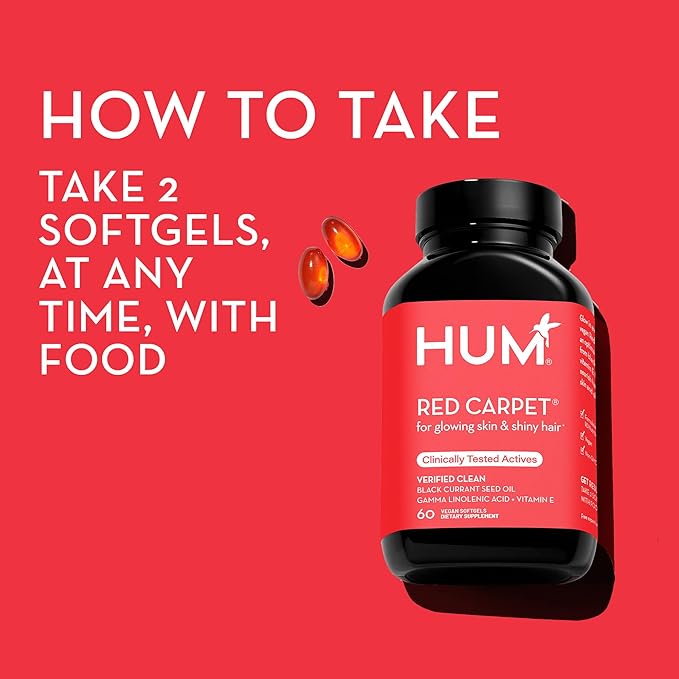 HUM Red Carpet - Skin & Hair Supplement - Black Currant Seed Oil for Glowing Skin & Strong Thicker Hair with Vitamin E & Omegas 3/6 - Hair Growth Vitamins for Women (60-Count)