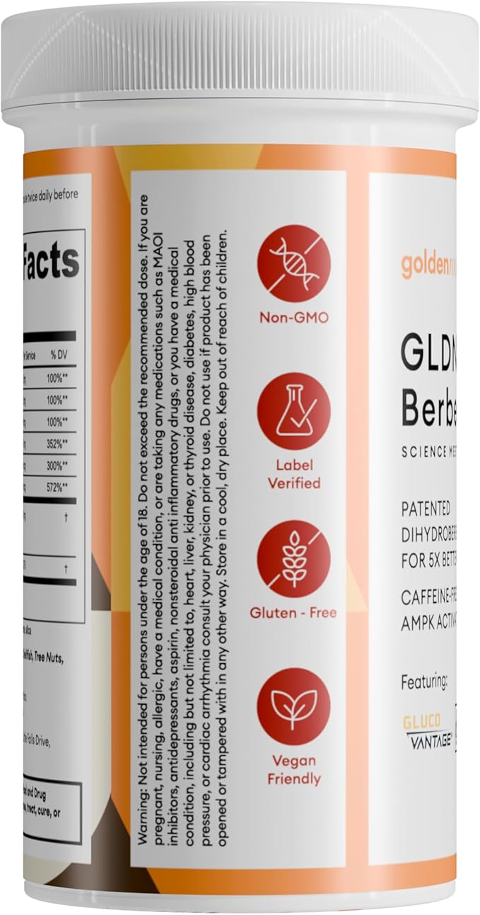 GLDN Berberine Advanced Absorption Formula - 200mg Dihydroberberine 5X Improved Absorption - DIM - Chromium Picolinate and DE111 Probiotics for Digestive Support - Vegan Friendly - 60 Capsules