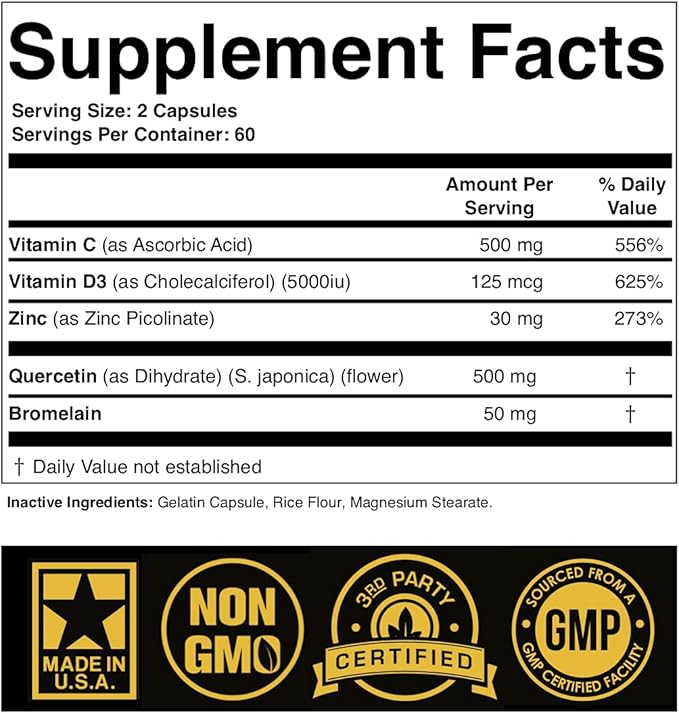 Zinc Quercetin 500mg with Vitamin C Vitamin D3 Bromelain Immune Support High Potency Quercetin Zinc Supplement ZQV by SPARTIS (Pack of 1 Bottle at 120-Caps)