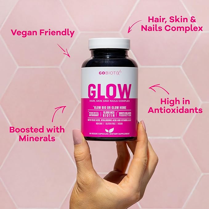 GoBiotix Hair Skin and Nails Vitamin Supplement - Biotin Pills with Hyaluronic Acid, Folate, Iron, Magnesium, and Zinc - Collagen Production, Hair Growth