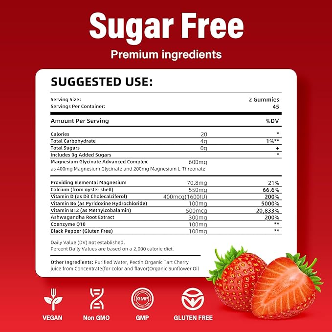 Magnesium Glycinate Gummies Sugar Free 90 for Adults & Kids,400mg Chewable Magnesium Gummies with 200mg L-Threonate,Ashwagandha,Vitamin D,B6,B12,Calcium for Sleep,Stress & Muscle,Relief,Strawberry
