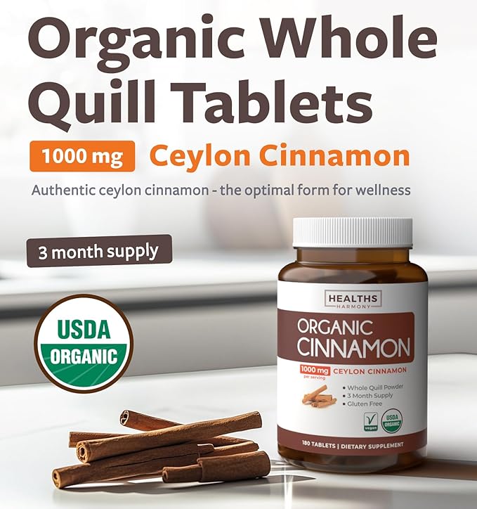 USDA Organic Ceylon Cinnamon (180 Tablets) 1000mg Cinnamon Quill Powder per Serving - Natural Cinnamon Supplements for Effective Metabolism, Cognative, Joint, Immune Support - (No Capsules or Pills)