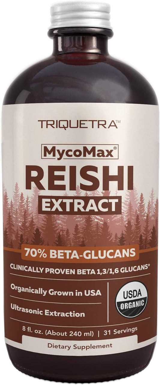 Organic Reishi Mushroom Extract - 70% Beta Glucans - Highest Active Nutrient Levels, Max Potency Cordyceps Tincuture, US Grown + Ultrasonic Extraction - Energy, Immunity, Sleep and Stress - 8 oz.