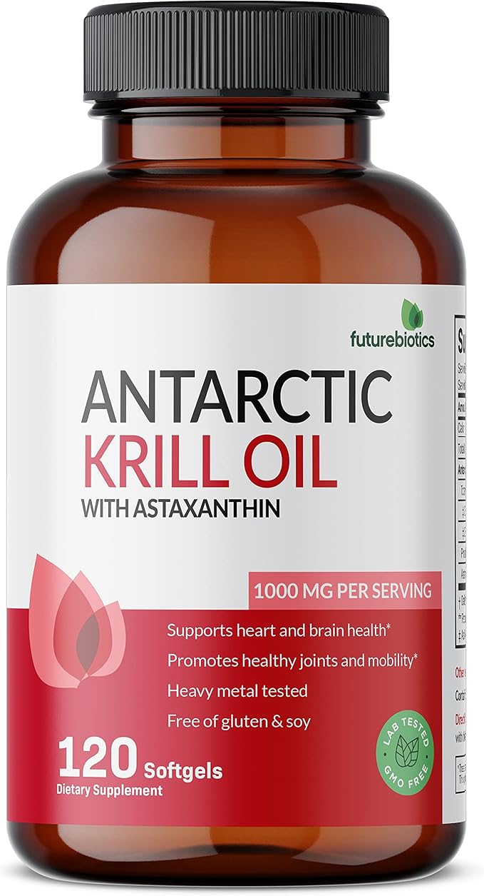 Futurebiotics Antarctic Krill Oil 1000mg with Omega-3s EPA, DHA, Astaxanthin and Phospholipids - Premium Krill Oil Heavy Metal Tested, Non GMO – 120 Softgels (60 Servings)