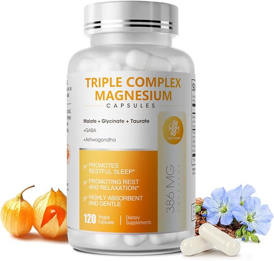 Triple Magnesium Complex - Magnesium Glycinate, Taurate & Malate Supplement with Omega3, Ashwagandha, GABA, for Sleep, Muscle, Brain & Heart Support - High Absorption and Gentle, Vegan, 120 Capsules