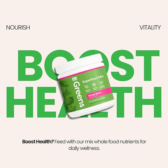 310 Nutrition Organic Superfood Greens Powder – Super Green Powder Supplement with Daily Greens Spirulina, Vegetable Enzymes & Antioxidants – Immunity Boost – Mixed Berry, 30 Servings