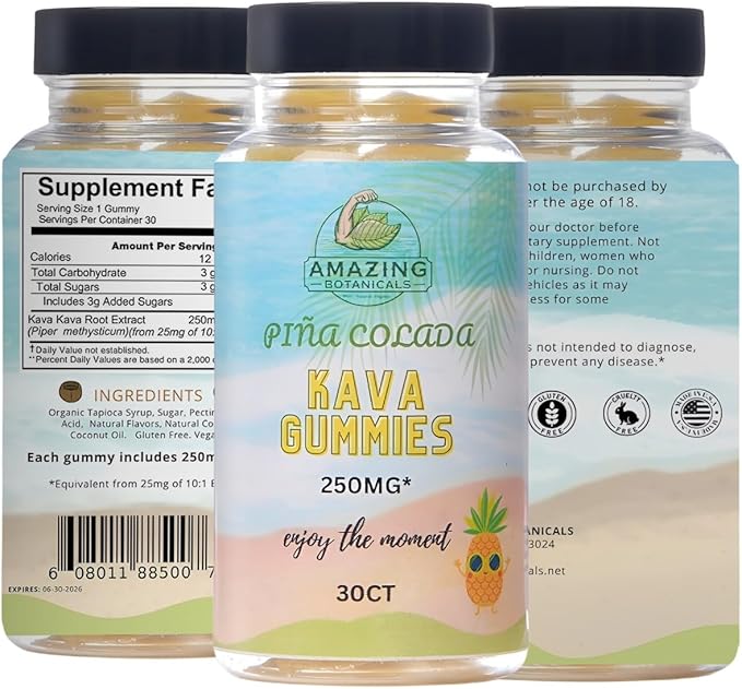Tropical Pina Colada Kava Gummies - 250mg per Gummy - Vegan, Gluten-Free - 30 Gummies