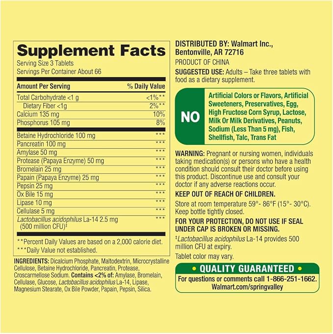 Spring Valley Probiotic Multi-Enzyme Digestive Formula Tablets, 200 Count