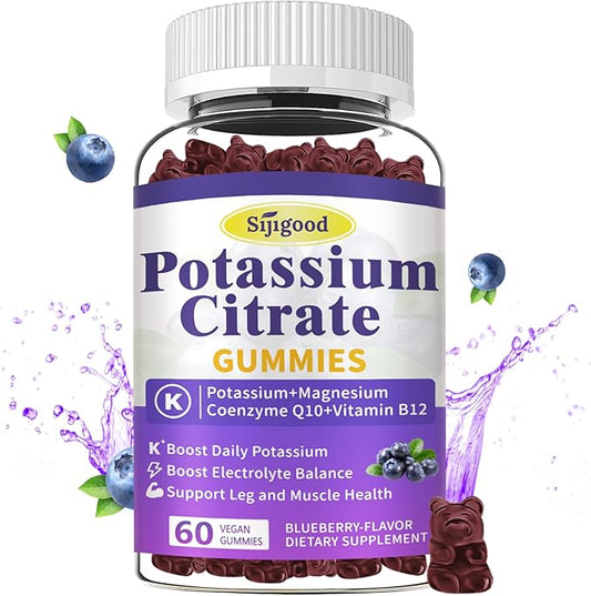 Potassium Citrate Gummies – Potassium Supplement for Muscle Health, Leg Cramp Relief & Electrolyte Balance, Vegan, Non-GMO, Gluten-Free, Blueberry Flavor, 60 Count