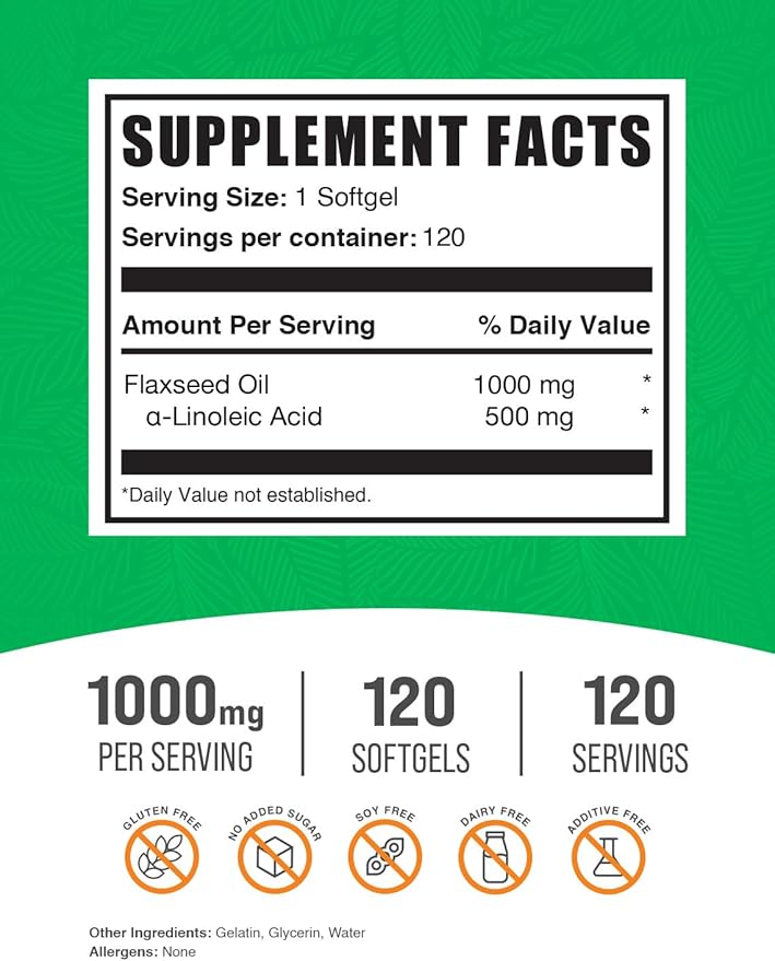 BulkSupplements.com Flaxseed Oil Softgels - Flaxseed Supplement, Flaxseed Oil 1000mg Softgels - Herbal Supplement, Gluten Free, 1 Softgel per Serving, 120 Count (Pack of 1)