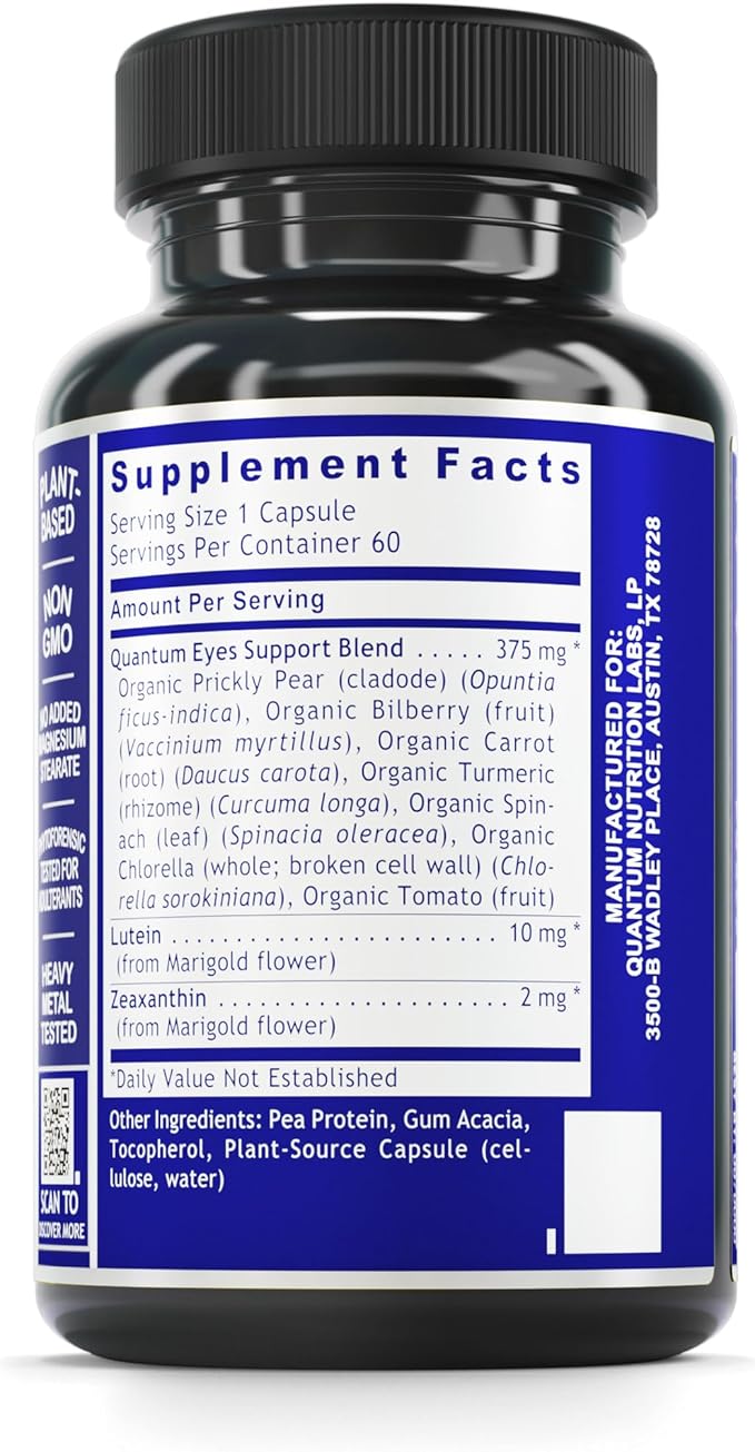 Quantum Nutrition Labs Eye Support - Eye Health Vitamins, Lutein and Zeaxanthin Eye Supplements for Adults and Seniors, Supports Macular Health, Contains Bilberry and Carrot - 60 Vegetarian Capsules