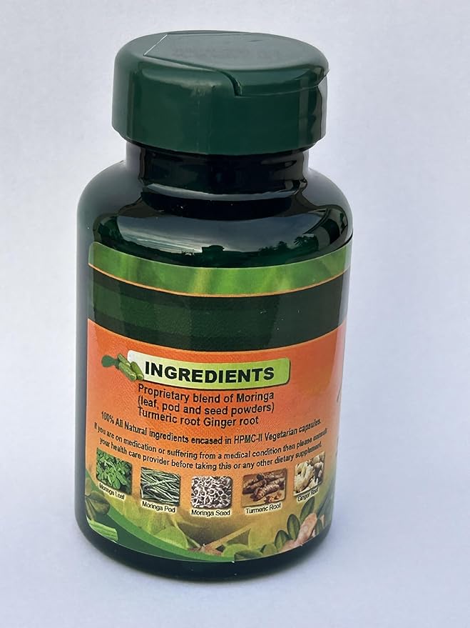 Jamaican Moringa Capsules – 100% Natural Ingredients – Made from Dried Moringa Leaves, Pods & Seeds – 90 Capsules, 500mg – with Turmeric & Ginger – Herbal Supplement, Nutrient-Rich – Easy to Swallow