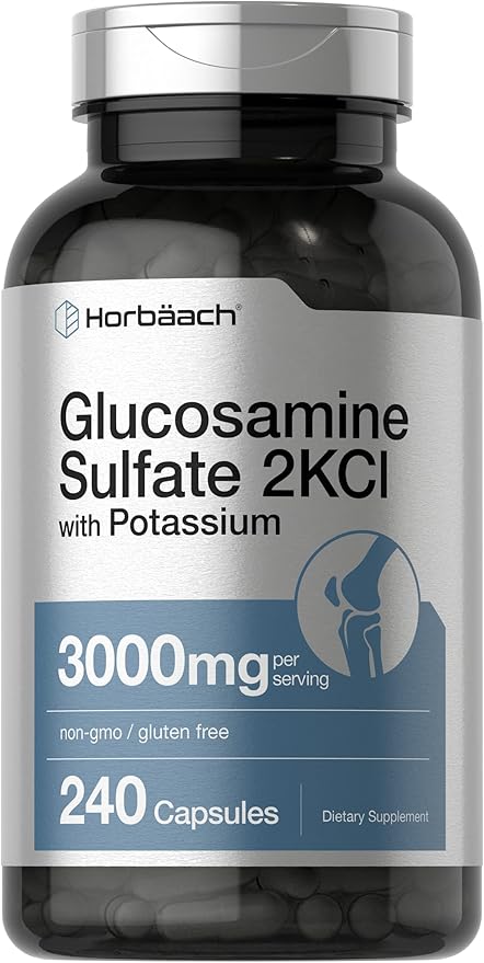 Horbäach Glucosamine Sulfate 2KCI with Potassium | 3000mg | 240 Capsules | Non-GMO and Gluten Free Supplement
