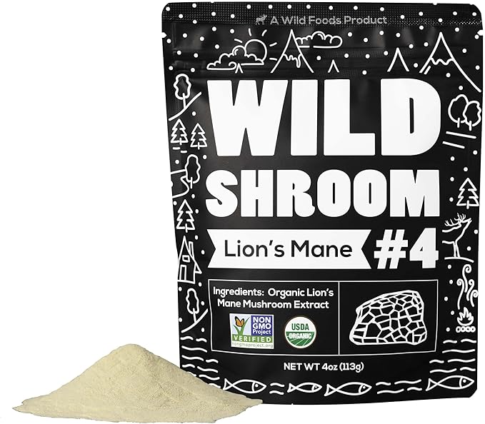 Wild Foods Lions Mane Powder Mushrooms Extract 10:1 | Organic Mushroom Powder | Adaptogenic Nootropic Herb for Brain Health, Memory and Focus (4 Ounce (Pack of 2))