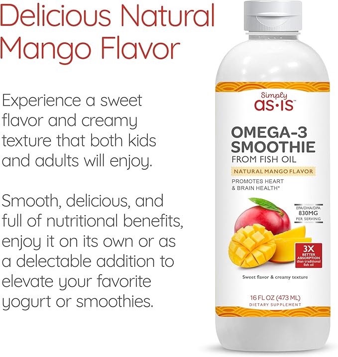 AS-IS Simply 16 fl oz (31 Servings) | Omega-3 Smoothie from Fish Oil | Promotes Heart & Brain Health | Dairy & Sugar Free | Natural Mango Flavor