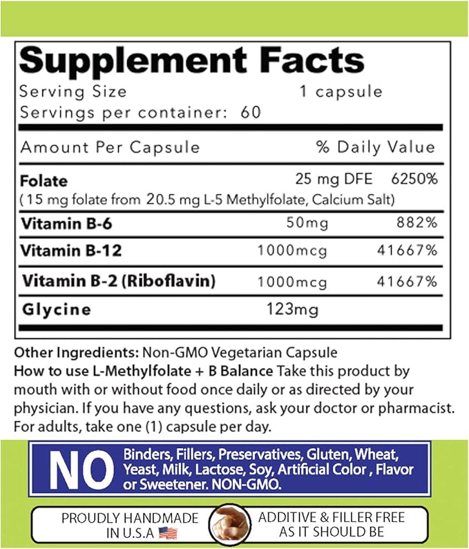 Our Daily Vites L-Methylfolate 15 MG B Complex Balance 5 MTHF Active Folate, Methylated B12, B9, B6, B2 Brain, Heart and Fetal Health, Non-GMO, 60 Count 2 Months