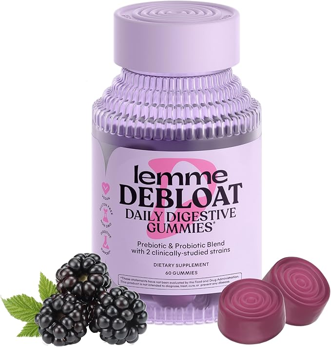 Lemme Debloat - Digestive & Gut Health Gummies with 2 Clinically Studied Probiotics & Prebiotic, 3 Billion CFUs - Vegetarian, Gluten Free, Non GMO, BlackBerry Flavor (60 Count)