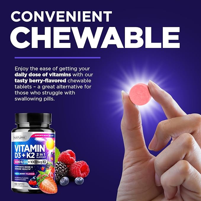 Vitamin D3 K2 – Chewable Vitamin D 5000 IU & K2 MK-7 100 mcg – 2 in 1 Vitamin D K2 Supplement Chews - Immune, Heart, & Bone Support – Non GMO - Tasty Berry Flavor - 60 Chewable Tablets