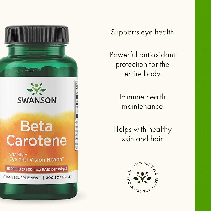 Swanson Beta-Carotene Vitamin A 25000 IU Softgels - Skin, Eye, and Immune System Health - Antioxidant Support - 7500 mcg (300 Softgels)