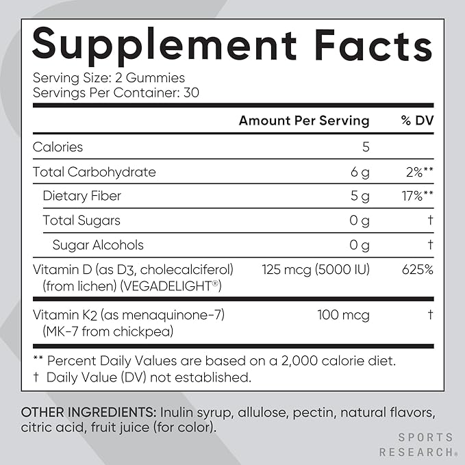 Sports Research® Vegan Vitamin D3 + K2 Gummies - 5000iu Vitamin D w/100mcg Mk7 Vitamin K for Bone & Immune Support - Vegan Certified · Non-GMO · Sugar Free - 60 Count Gummy