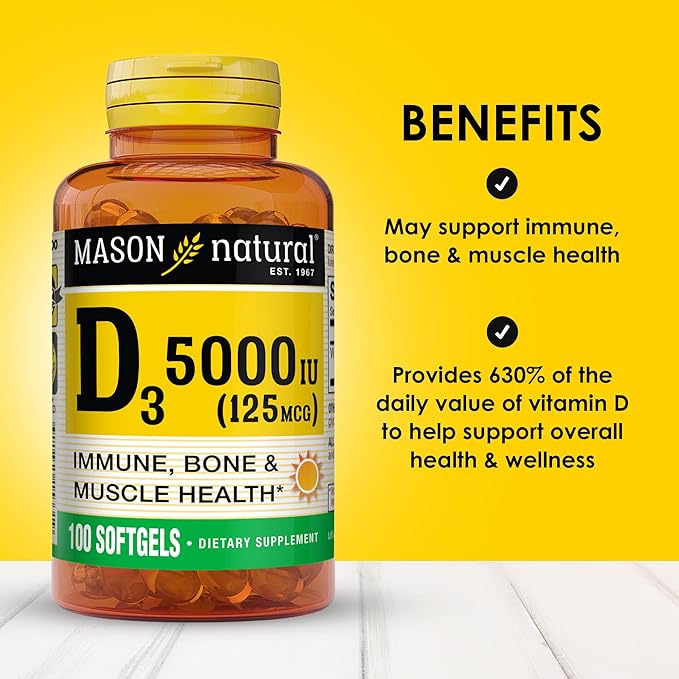 MASON NATURAL Vitamin D3 125 mcg (5000 IU) - Supports Overall Health, Strengthens Bones and Muscles, from Fish Liver Oil, 50 Softgels