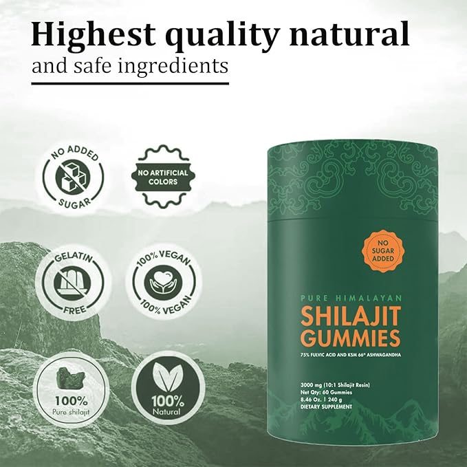 Shilajit Gummies I Shilajit for Men | Pure Himalayan Shilajit Gummies | KSM-66 Ashwagandha, Gokshura 75%+ Fulvic Acid & 85+ Trace Minerals I Non-GMO I Natural & Organic I 60 Gummy