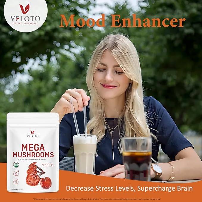 Organic Mega Mushroom Powder Blend, 10 in 1 Complex Mushroom Extract Powder Herbal Supplement with Reishi, Cordyceps, Chaga, Lion's Mane, Vegan & More, Sustainably US Grown, Filler Free, 10oz