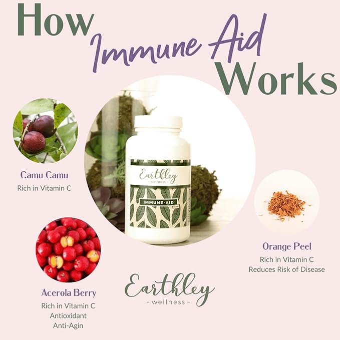 Earthley Wellness Immune-Aid Vitamin C Powder, Natural Immune Support with Camu Camu, Acerola Berry & Orange Peel, Antioxidants, Energy & Skin Health, 100% Pure, No Fillers (8oz)
