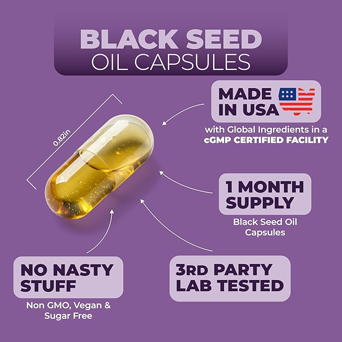 Black Seed Oil Capsules | Cold Pressed Blackseed Oil. Provides Vitamin E & Omega 3 6 9. High Potency (1500mg) for Immune Support, Antioxidants, Digestion, Hair Skin and Nails. Vegan. Non-GMO. 90 Caps