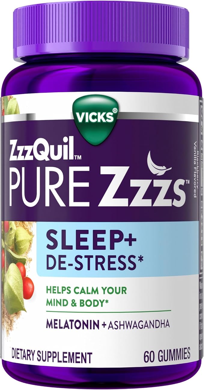 ZzzQuil PURE Zzzs De-Stress Gummy, Melatonin Gummies, Sleep Aid, Melatonin 2mg, Ashwagandha for Stress Support, Melatonin Sleep Gummies, Sleep Aids for Adults, 60 Sleep Gummies