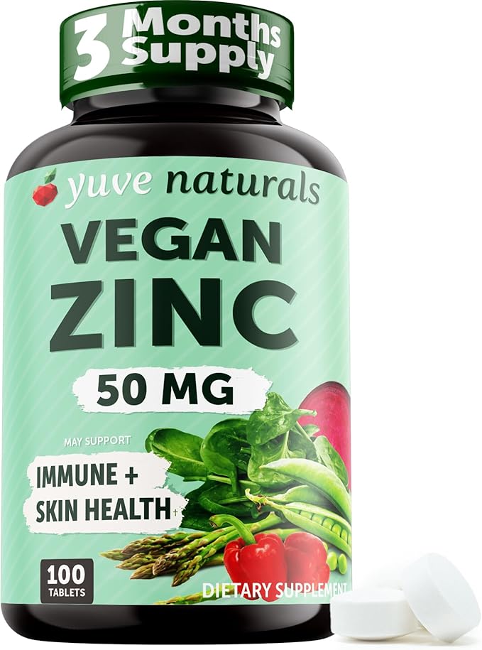 Yuve Natural Vegan Zinc Supplements 50mg, Immune Support, Fast Relief from Colds and Flu, Acne Free Skin, Healthy Hormone Levels, Non-GMO, Gluten & Sugar Free - 100 Vegetarian Tablets
