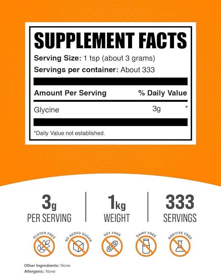 BulkSupplements.com Glycine Powder - Glycine Supplements, Amino Acid Supplement - Unflavored & Gluten Free, 3g per Serving, 1kg (2.2 lbs) (Pack of 1)