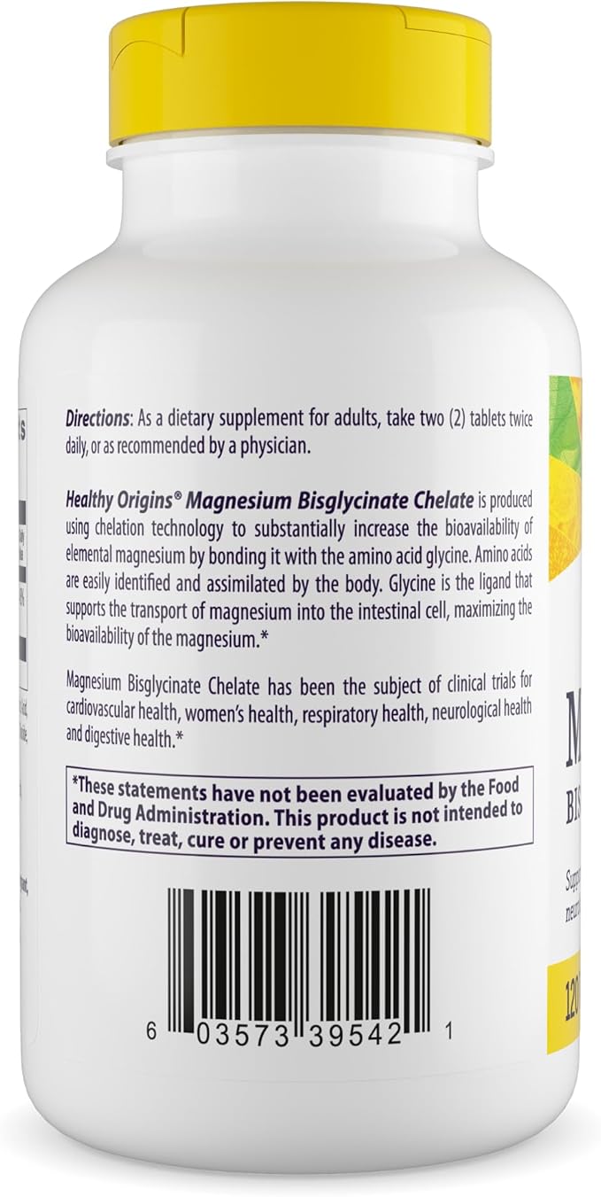 Healthy Origins Magnesium Bisglycinate Chelate (Albion Minerals, Non-GMO, Gluten Free, Cardiovascular Support, Bone Support, Neurological Support, Vegan), 120 Tablets