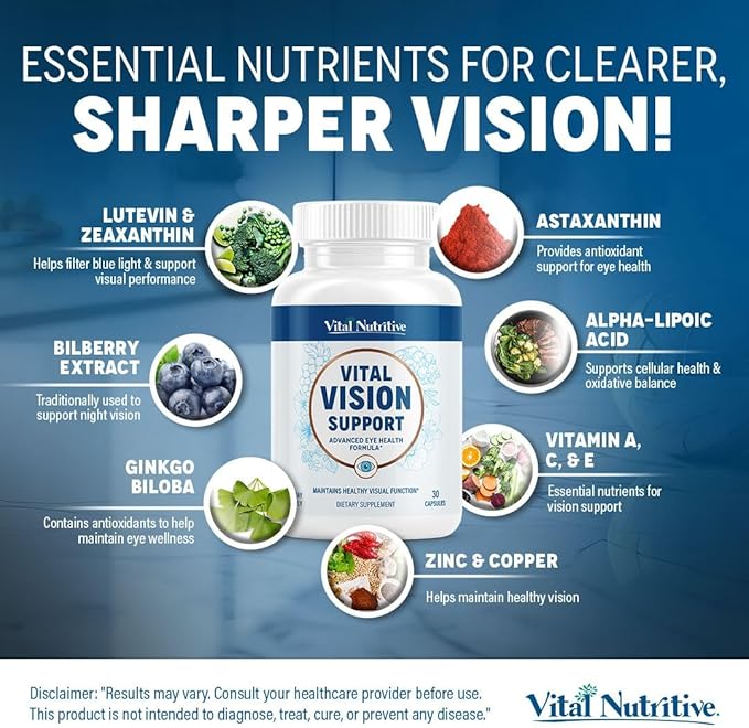 Vital Vision Support – Eye Health Supplement with Vitamin A, Lutein, Beta Carotene & Antioxidants – Eye Vitamins Support Hydration & Protection Against UV & Oxidative Stress -30 Days Serving