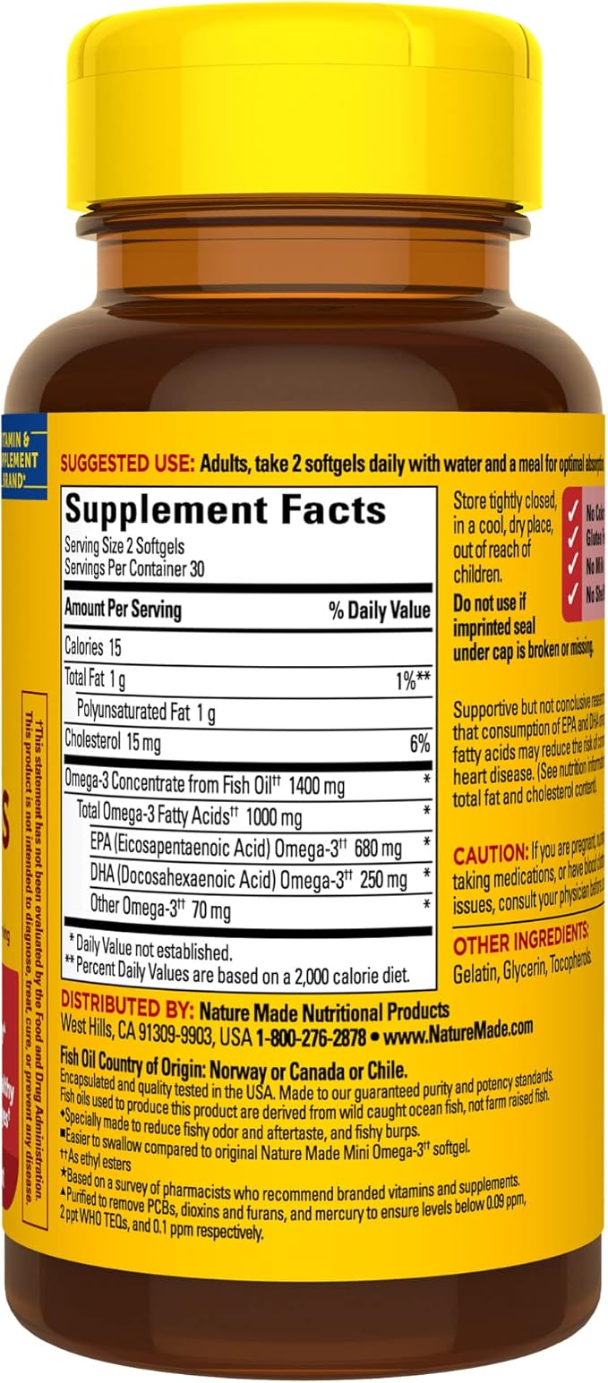 Nature Made Extra Strength Burp Less Fish Oil Omega 3 Supplements 1400 mg Minis, Omega 3 Fish Oil as Ethyl Esters for Healthy Heart Brain Eyes Support, 60 Softgels, 30 Day Supply