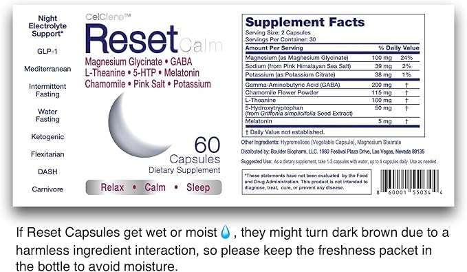 ResetCalm Night Electrolyte Formula, Magnesium Glycinate, 5-HTP, GABA, L-Theanine, Chamomile and Melatonin