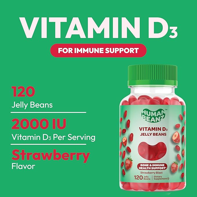 Vitamin D3 Jelly Bean Gummies for Adults, Immunity Support, 2000 IU Vitamin D, Nutritional Vegetarian Supplements, 120 Strawberry Blast Jelly Beans, Kosher
