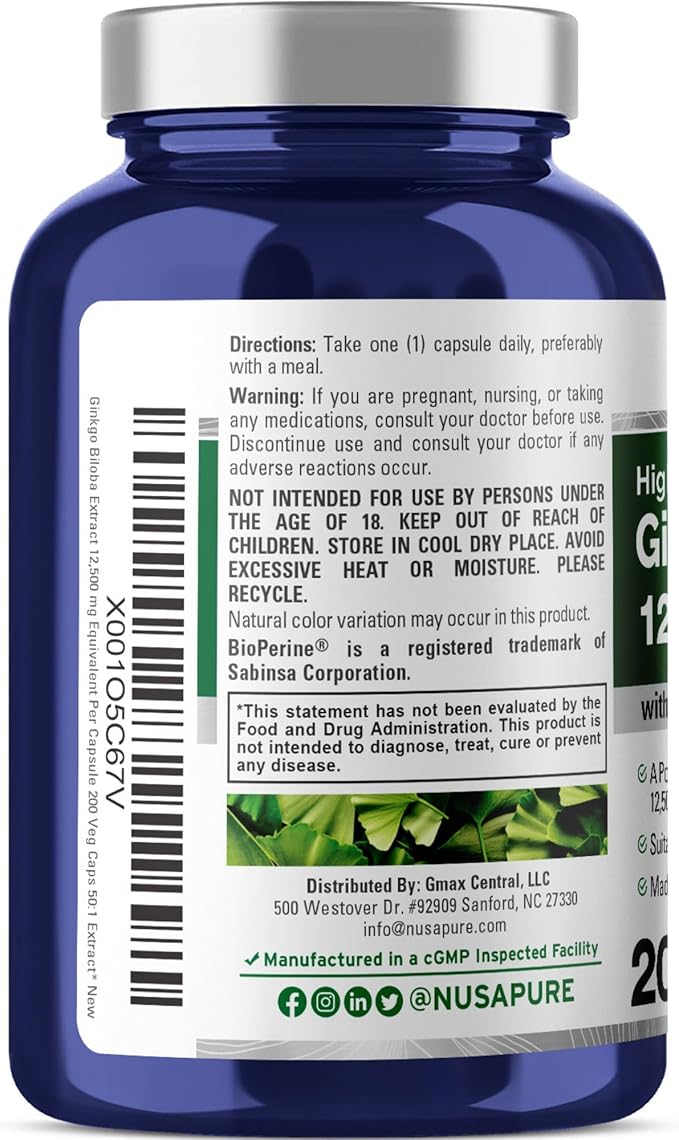 NusaPure Ginkgo Biloba Extract 12,500mg per Veggie Caps 200 Capsules (Vegetarian, Non-GMO, Vegan, Extract 50:1) Bioperine