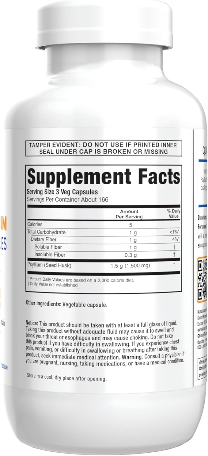 Konsyl Daily Psyllium Fiber Capsules - Contains 1500mg of All-Natural Psyllium Husk Powder per Serving - Supports Digestive Health and Weight Management Goals+ (500 Count (Pack of 1), Psyllium Husk)