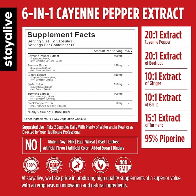 StayAlive Cayenne Pepper Capsules 960mg Super Extract with Ginger, Garlic, Turmeric, Beet Root, Black Pepper, 120 Cayenne Capsules, Support Cardiovascular & Immune System, Capsaicin Supplement Pills