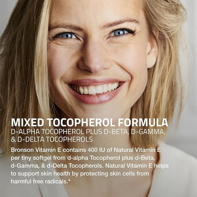 Bronson Natural Vitamin E Complex 400 I.U. Supplement (d-Alpha Tocopherol Plus d-Beta, d-Gamma, & d-Delta Tocopherols), Natural Antioxidant, 100 Softgels