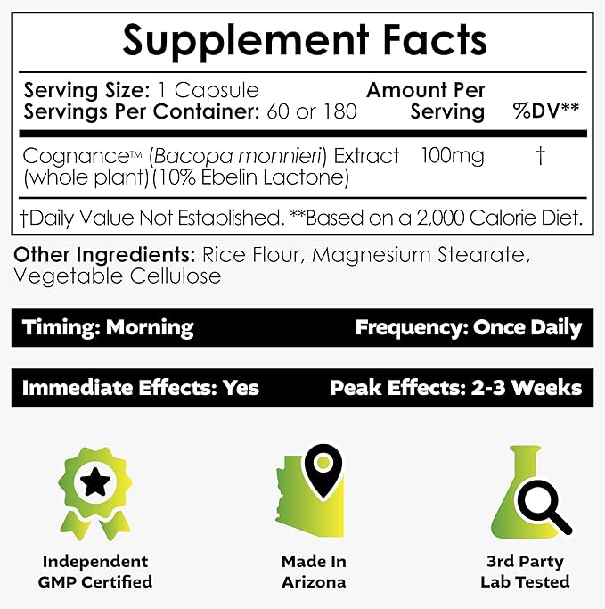 Nootropics Depot Cognance Enhanced Bacopa Capsules | 100mg | 10% Ebelin Lactone | Bacopa monnieri | Mood, Memory, & 5-HT2A Activation, 60 Count (Pack of 1)
