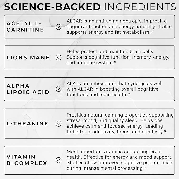 ACEWORKZ Elite Brain - Nootropic Brain Supplement for Focus, Memory, & Mental Clarity - ALCAR, Lions Mane, ALA, L-Theanine, Vitamin B Complex - Natural Energy, Caffeine-Free (60 Capsules)