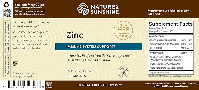 Nature's Sunshine Zinc 25mg, 150 Tablets | Helps Strengthen the Immune System by Providing 167% of the Daily Value of Zinc