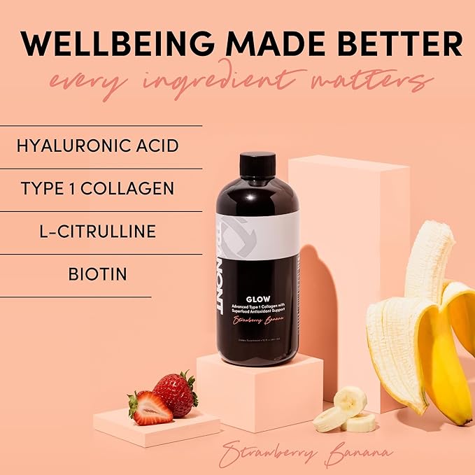Tranont Glow | Strawberry Banana | Type 1 Collagen with Superfood Antioxidant Support | for Hair, Skin, Nails & Joints | Liquid Collagen with Hyaluronic Acid & Peptides | 15 Fl Oz