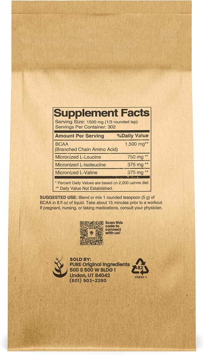 Pure Original Ingredients Unflavored Instantized BCAA (1lb) Powder, Branched Chain Essential Amino Acids, Supplement